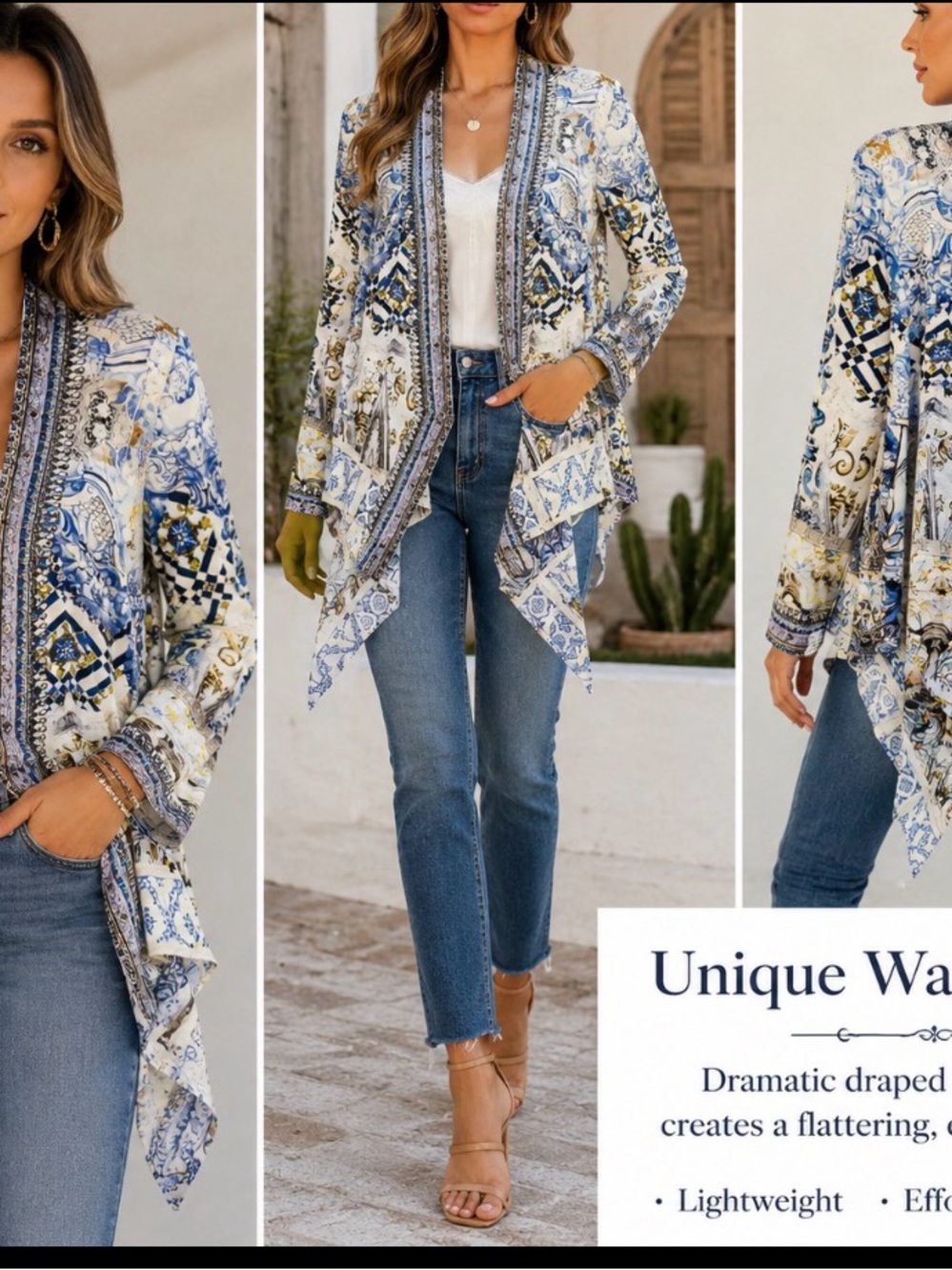 Camilla Embellished Blue Porcelain Print Waterfall Jacket Size 2.